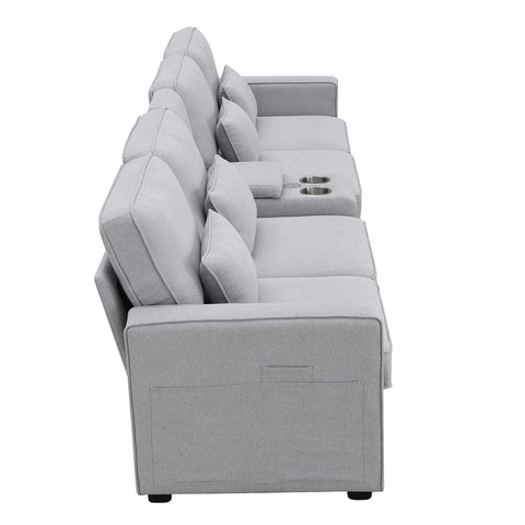 4 Seater Sofa with USB Ports Upholstered Couch with Storage Coffee Table and Cup Holders for Living Room,114.2" Light Gray