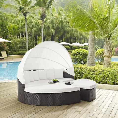 Convene Outdoor Wicker Rattan Daybed – Round Patio Sectional Sofa with Retractable Canopy & Cushions, Espresso/White