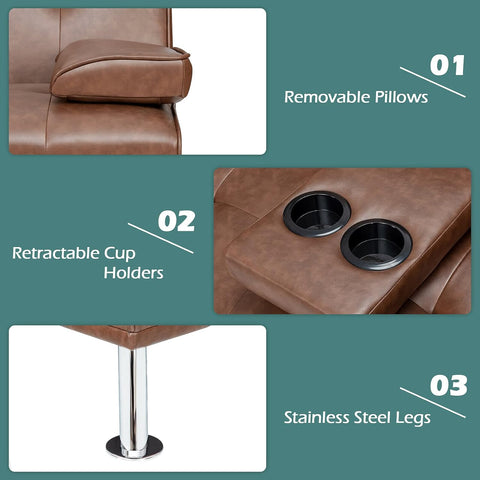 3 Pieces Convertible Sectional Sofa Set, 3 Seat Sofa and Couch with Cup Holders and Ottoman, Tufted PU Leather Chaise Modern Reversible Living Room Furniture for Apartment Office (Brown)