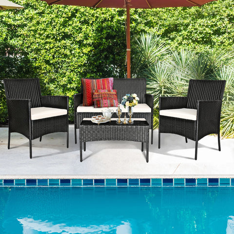4PCS Patio Rattan Conversation Set Outdoor Furniture Set With Cushion
