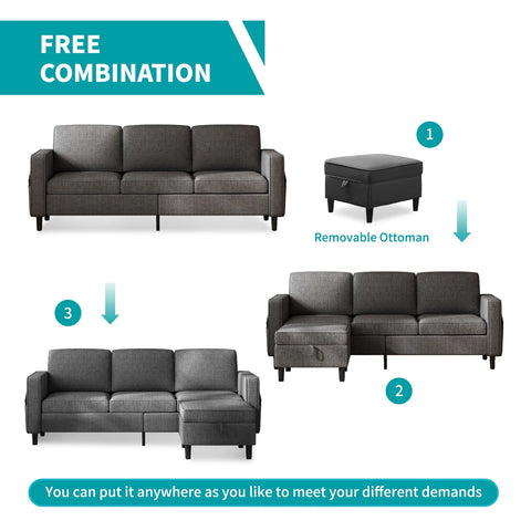 Sectional Sofa with Storage Ottoman, 78'' Convertible L-Shaped Sofa Couch for Living Room&Small Space, Dark Grey