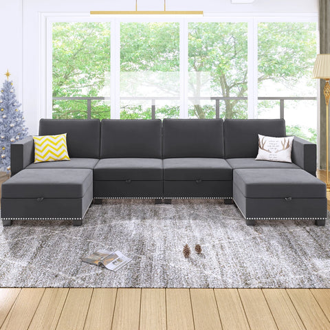 Modern Velvet Storage Ottomans Sectional Sofa Living Room Set Dark Grey