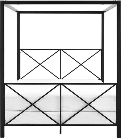 Rosedale Metal Canopy Bed Frame with Four Poster Design and Geometric Accented Headboard and Footboard, Underbed Storage Space, Queen, Black