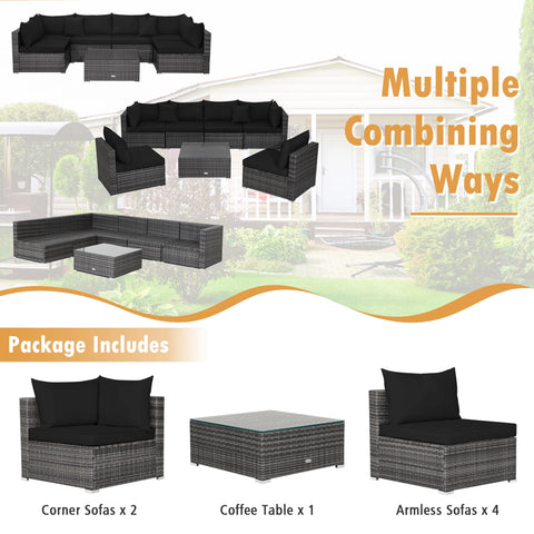 7PCS Patio Rattan Sectional Sofa Set Outdoor Furniture Set W/ Black Cushions