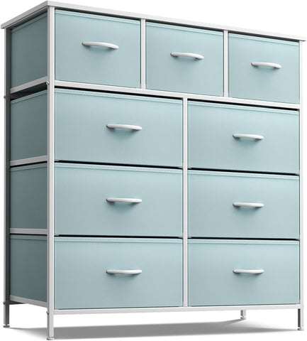 Kids 9-Drawer Dresser – Aqua Fabric Storage Chest with Wood Top & Steel Frame for Bedroom, Closet, or Office