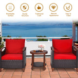 3PCS Patio Wicker Rattan Conversation Set Outdoor Furniture Set W/ Red Cushion