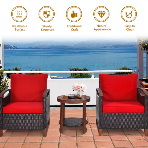 3PCS Patio Wicker Rattan Conversation Set Outdoor Furniture Set W/ Red Cushion