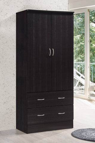 Two-Door Wardrobe with Two Drawers & Hanging Rod – Chocolate Storage Cabinet