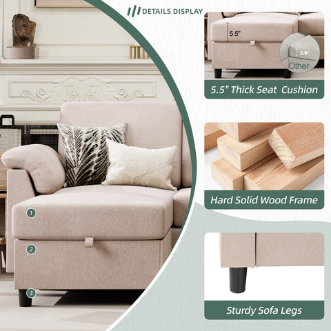 79'' Convertible L-Shaped Sectional Sofa with Ottoman – Linen Fabric Couch with Removable Pillows, Beige