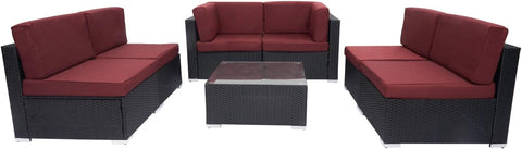 7 Pcs Outdoor Patio Sectional Set Black Rattan Wicker Furniture Sofa Set Conversation Chairs Thick Cushions with Pillows and Tea Table