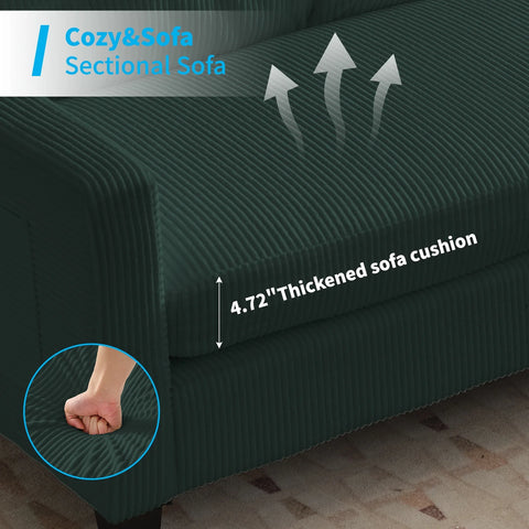 Small L-Shaped Sectional Sofa with Storage Ottomans – Corduroy Couch for Living Room, Green