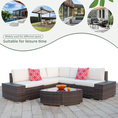 6Pcs Patio Furniture Set PE Brown Rattan Wicker Sectional Outdoor Sofa Set outside Couch W/Washable Seat Cushions & Modern Glass Wedge Table for Patio, Backyard, Pool-Beige