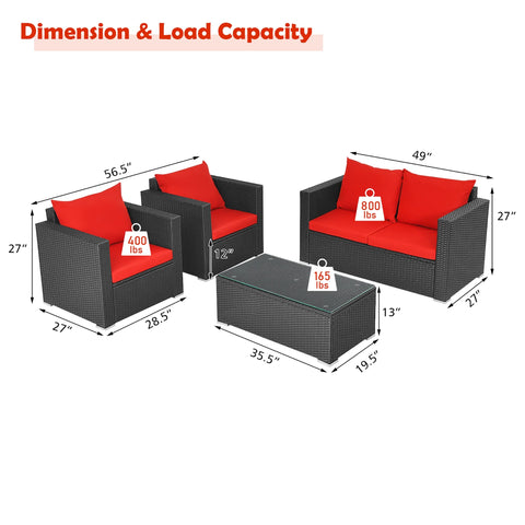 4PCS Patio Rattan Furniture Set Cushioned Sofa Chair Coffee Table Garden Red