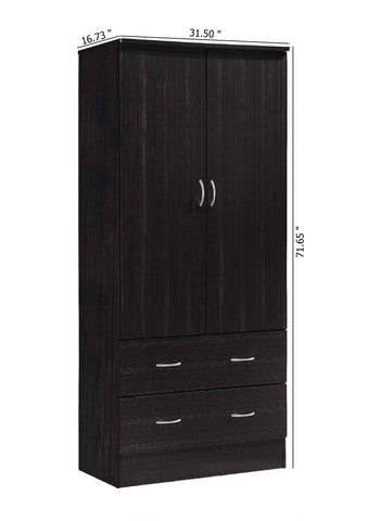 Two-Door Wardrobe with Two Drawers & Hanging Rod – Chocolate Storage Cabinet
