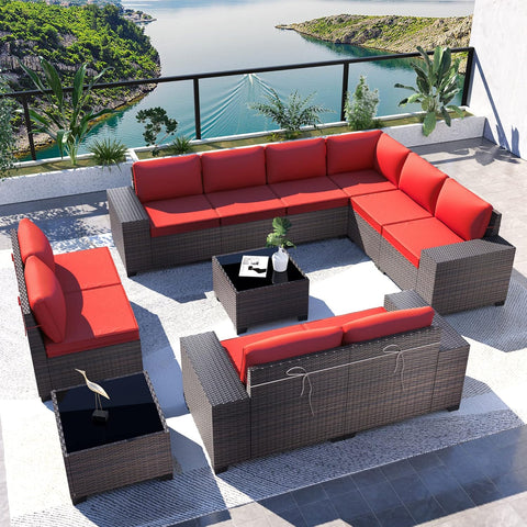 2-Piece Outdoor Patio Furniture Set – Sectional Rattan Sofa Set with 10 Red Seat Cushions & 2 Tempered Glass Tables, Brown PE Rattan Wicker Conversation Set