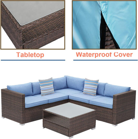 4-Piece Outdoor Sectional Sofa Patio Furniture Set W Blue Thick Cushions, Patio Conversation Set Outdoor Wicker Sofa W Tempered Glass Coffee Table, Backyard (Blue)