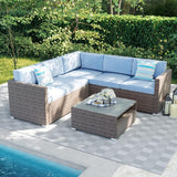 4-Piece Outdoor Sectional Sofa Patio Furniture Set W Blue Thick Cushions, Patio Conversation Set Outdoor Wicker Sofa W Tempered Glass Coffee Table, Backyard (Blue)