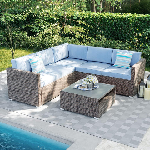 4-Piece Outdoor Sectional Sofa Patio Furniture Set W Blue Thick Cushions, Patio Conversation Set Outdoor Wicker Sofa W Tempered Glass Coffee Table, Backyard (Blue)