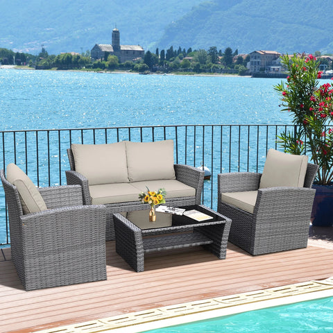 4PCS Patio Rattan Conversation Set Outdoor Furniture Set With Khaki Cushions