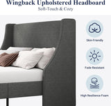 Platform Bed Frame Full Size with Upholstered Headboard – Modern Deluxe Wingback Design, Wood Slat Support, Dark Grey