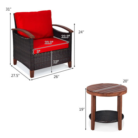 3PCS Patio Wicker Rattan Conversation Set Outdoor Furniture Set W/ Red Cushion