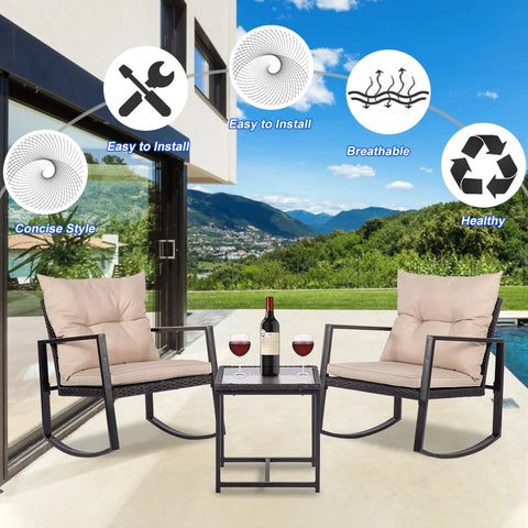3 Pieces Wicker Outdoor Set with a High-Quality Tempered Glass Coffee Table, Black, Steel, 2
