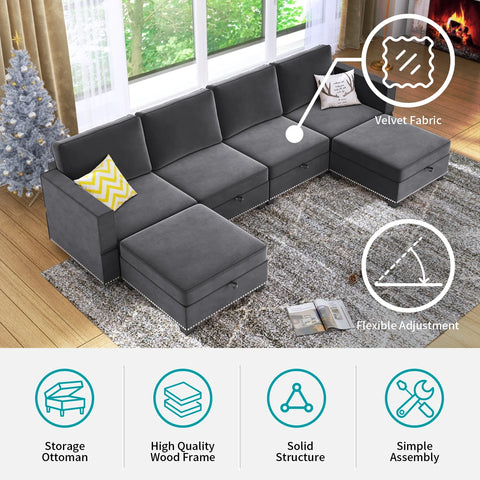 Modern Velvet Storage Ottomans Sectional Sofa Living Room Set Dark Grey