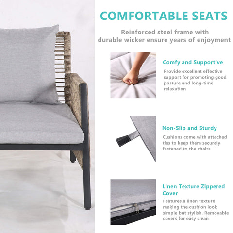 Outdoor Furniture Set - 3 Piece Metal Reclining Outdoor Conversation Sets with Cushion, Gray/Gray