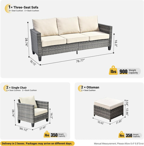 5-Piece Patio Furniture Set – Outdoor Wicker Rattan Sofa, Chairs, Ottomans & Cushions, All-Weather High Back Conversation Set for Garden & Backyard, Beige
