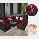 7 Pcs Outdoor Patio Sectional Set Black Rattan Wicker Furniture Sofa Set Conversation Chairs Thick Cushions with Pillows and Tea Table