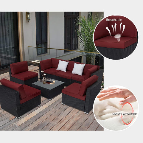 7 Pcs Outdoor Patio Sectional Set Black Rattan Wicker Furniture Sofa Set Conversation Chairs Thick Cushions with Pillows and Tea Table