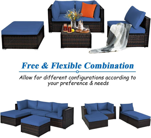 5 Piece Patio Furniture Set, Outdoor Sectional Rattan Sofa Set with Cushions and Coffee Table, Suitable for Backyard Porch Garden Poolside and Deck, Wicker Conversation Set (Navy Blue)