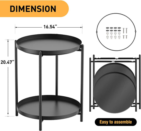 Side Table, End Table Metal Small Table Indoor Outdoor & Snack Bedside Table Sofa Side Snack Table Accent Coffee Table Living Room Bedroom Balcony 2 Layer (Black)