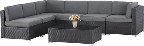 7-Piece Outdoor Furniture Set, Black Brown Wicker Furniture Modular Sectional Sofa Set with Cushions and Tempered Glass Coffee Table-Gray
