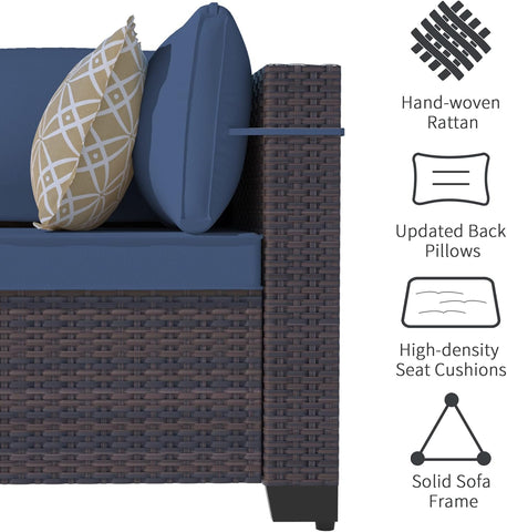 8-Piece Outdoor Patio Furniture Set with Gas Fire Pit Table – Sectional Sofa & 43'' Propane Fire Pit, PE Wicker Rattan Conversation Set, Dark Blue