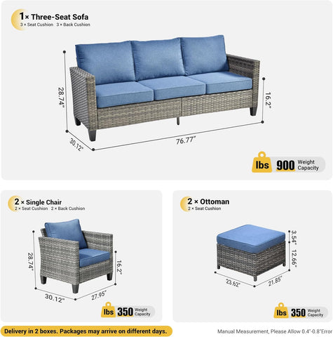 Patio Furniture Set, 5 Pieces Outdoor Wicker Rattan Sofa Couch with Ottomans and Comfy Cushions, All Weather High Back Conversation Set for Backyard Porch Garden, Denim Blue