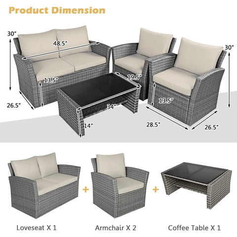 4PCS Patio Rattan Conversation Set Outdoor Furniture Set With Khaki Cushions