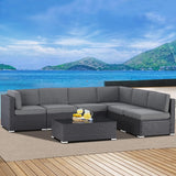 7-Piece Outdoor Furniture Set, Black Brown Wicker Furniture Modular Sectional Sofa Set with Cushions and Tempered Glass Coffee Table-Gray