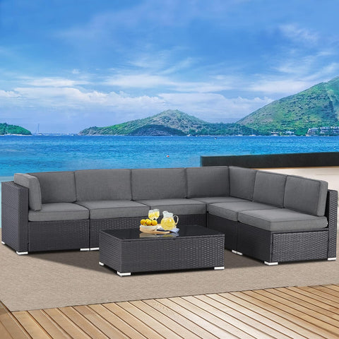 7-Piece Outdoor Furniture Set, Black Brown Wicker Furniture Modular Sectional Sofa Set with Cushions and Tempered Glass Coffee Table-Gray