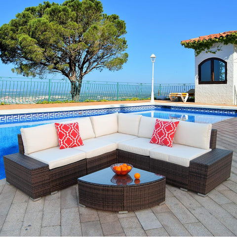 6Pcs Patio Furniture Set PE Brown Rattan Wicker Sectional Outdoor Sofa Set outside Couch W/Washable Seat Cushions & Modern Glass Wedge Table for Patio, Backyard, Pool-Beige