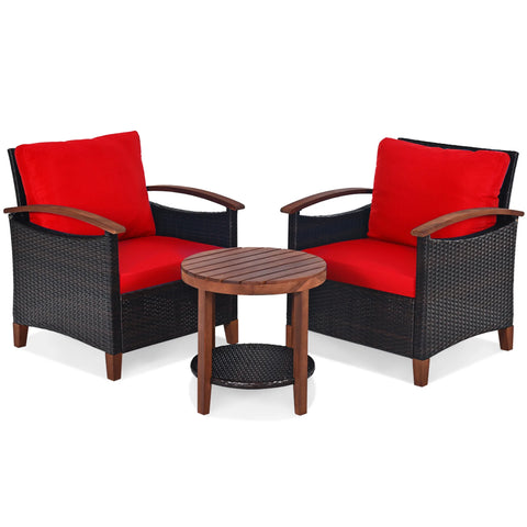 3PCS Patio Wicker Rattan Conversation Set Outdoor Furniture Set W/ Red Cushion