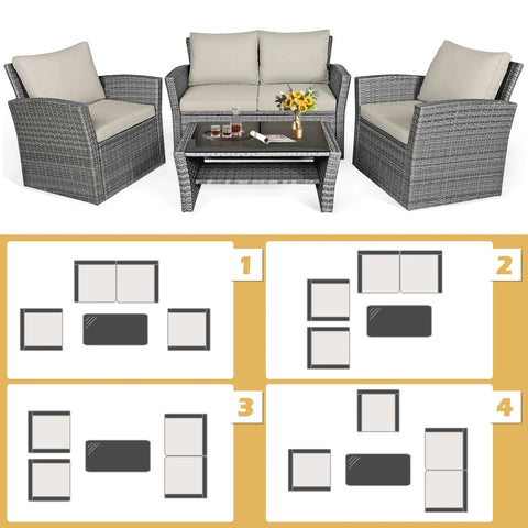 4PCS Patio Rattan Conversation Set Outdoor Furniture Set With Khaki Cushions