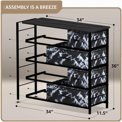 Dresser for Bedroom with 8 Drawers - Tall Chest Storage Tower Unit, for Closet, Hallway, Nursery, Entryway Organization - Steel Frame, Wood Top (Marble Black – Black Frame)