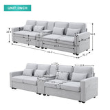 4 Seater Sofa with USB Ports Upholstered Couch with Storage Coffee Table and Cup Holders for Living Room,114.2" Light Gray