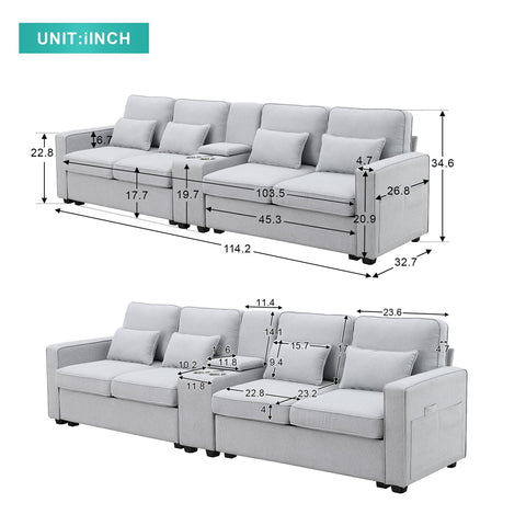 4 Seater Sofa with USB Ports Upholstered Couch with Storage Coffee Table and Cup Holders for Living Room,114.2" Light Gray