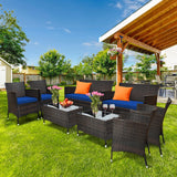 8PCS Patio Rattan Conversation Furniture Set Outdoor W/ Navy Cushion