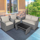 4PCS Patio Rattan Conversation Set Outdoor Furniture Set With Khaki Cushions