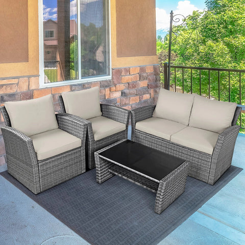 4PCS Patio Rattan Conversation Set Outdoor Furniture Set With Khaki Cushions