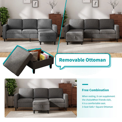 Sectional Sofa with Storage Ottoman, 78'' Convertible L-Shaped Sofa Couch for Living Room&Small Space, Dark Grey