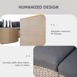 5-Piece Patio Sectional Furniture Set – Half-Moon Brown Wicker Curved Outdoor Sofa with Grey Cushions & Glass Coffee Table, Grey